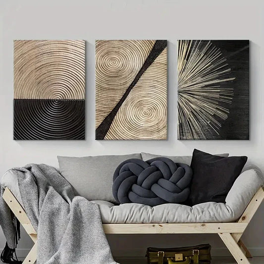 3pcs Abstract Vintage Black Golden Tree Ring Metal Print Ready to Hang Art