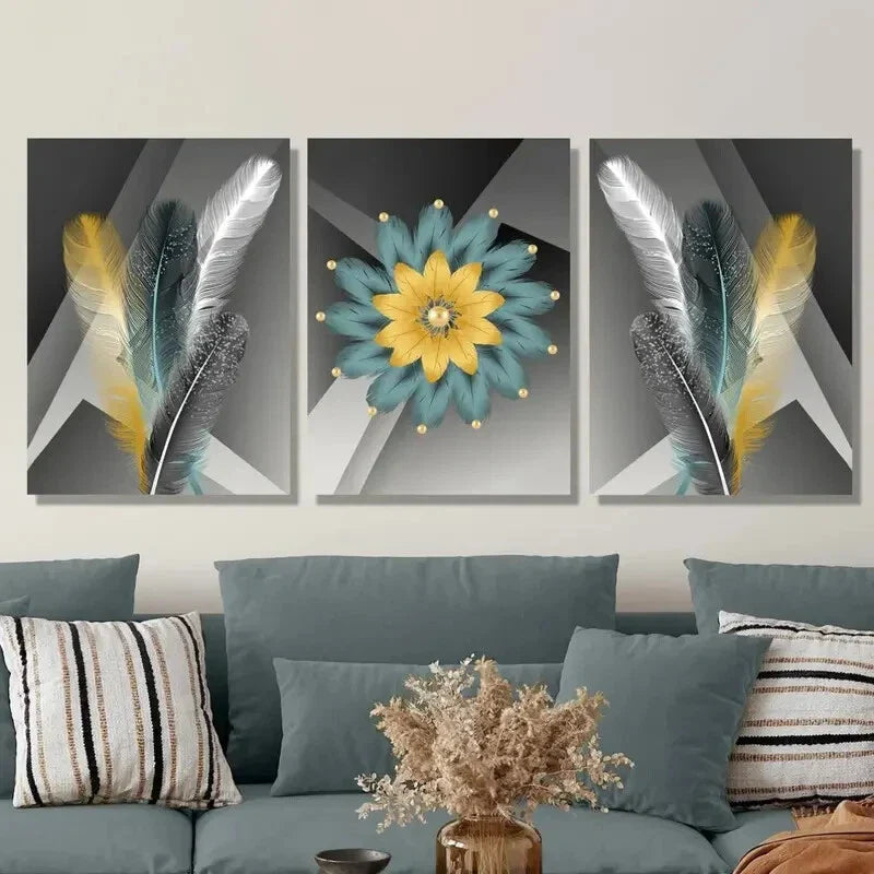 3pcs Golden Silk Luxury Feathers, Geometric Art, Metal Print Ready to Hang Art