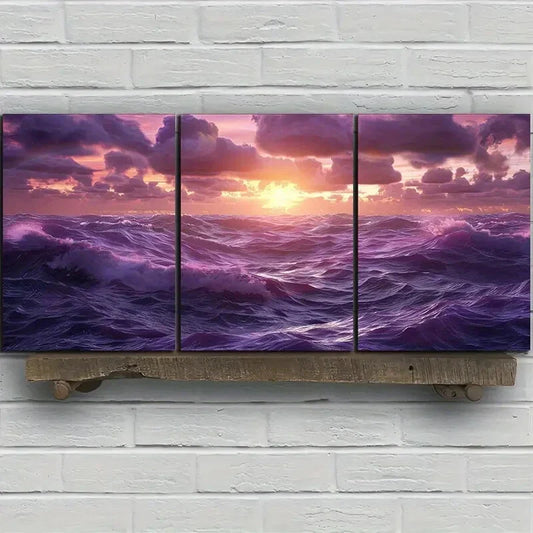 3pcs Ocean Sunset Clouds Purple Theme Waves Metal Print Ready to Hang Art