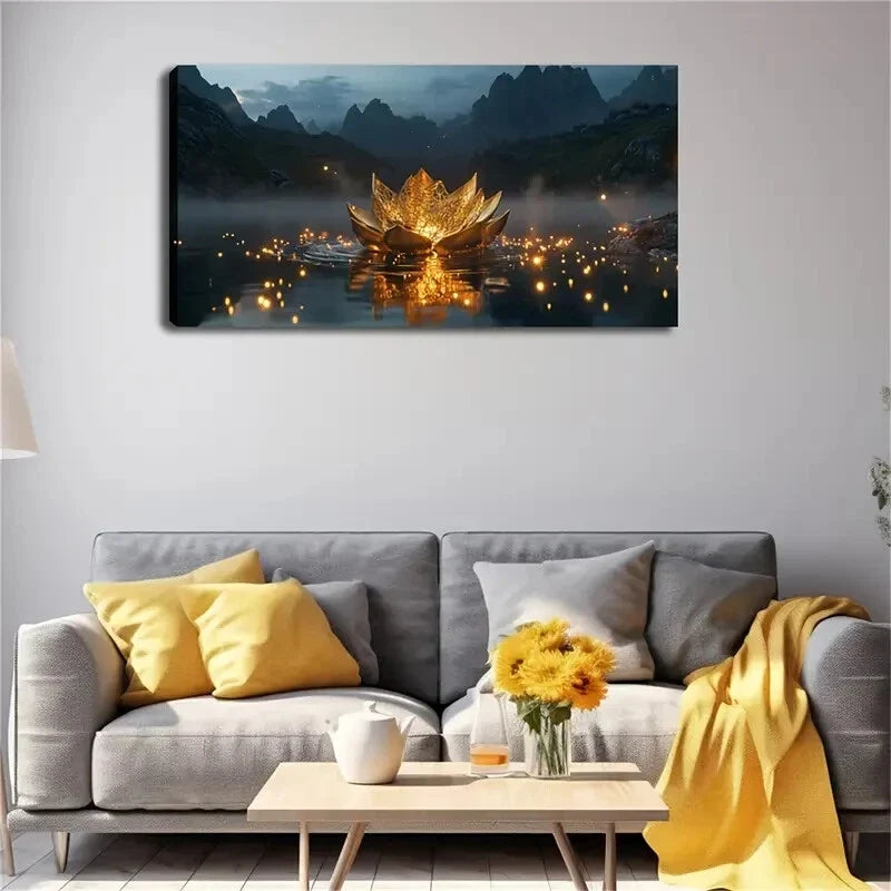 Gold Lotus-Shaped Object Water Wall Art Canvas Office Home Room Framed 120x60cm
