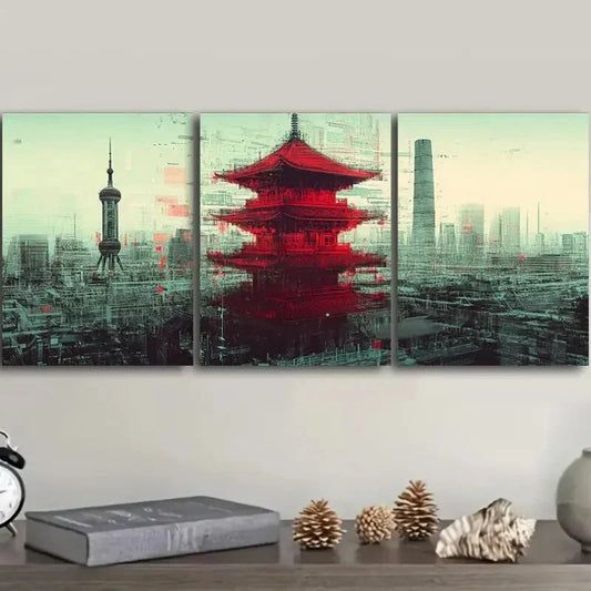3pcs Chinese-Style Tower  Metal Print Ready to Hang Art