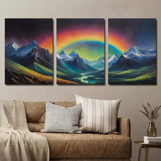 3pcs Rainbow Aurora Mountains Mural Metal Print Ready to Hang Art
