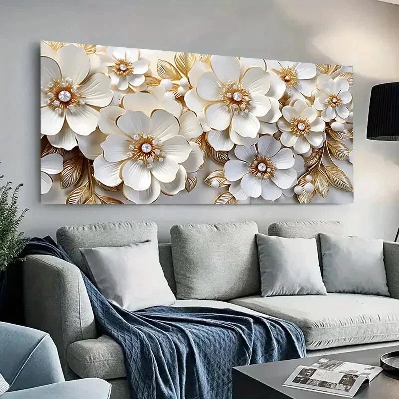 White and Golden Flowers wall canvas office home room framed 80x45cm