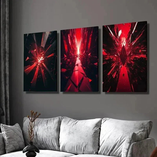 3pcs Broken Red Crystal Fragments Splash Wall Art Set Canvas Framed 40x60cm - High Quality Print 100% Australian Made Wall Canvas Ready to Hang