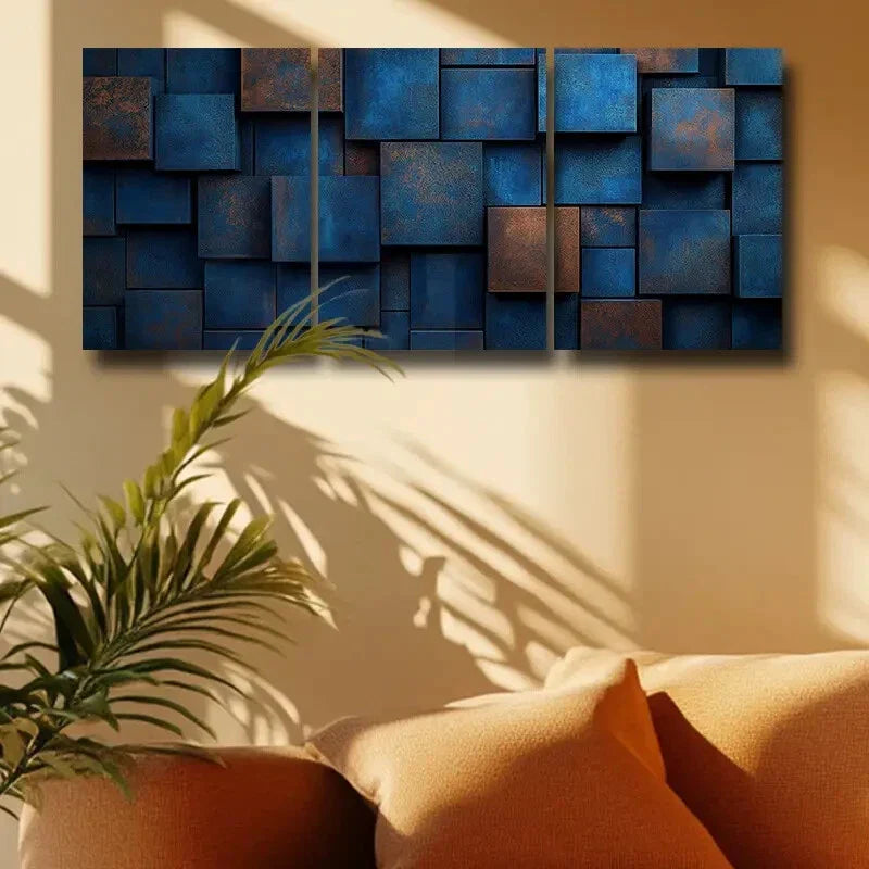 3pcs Color Block Design in Blue, Green & Brown Metal Print Ready to Hang Art