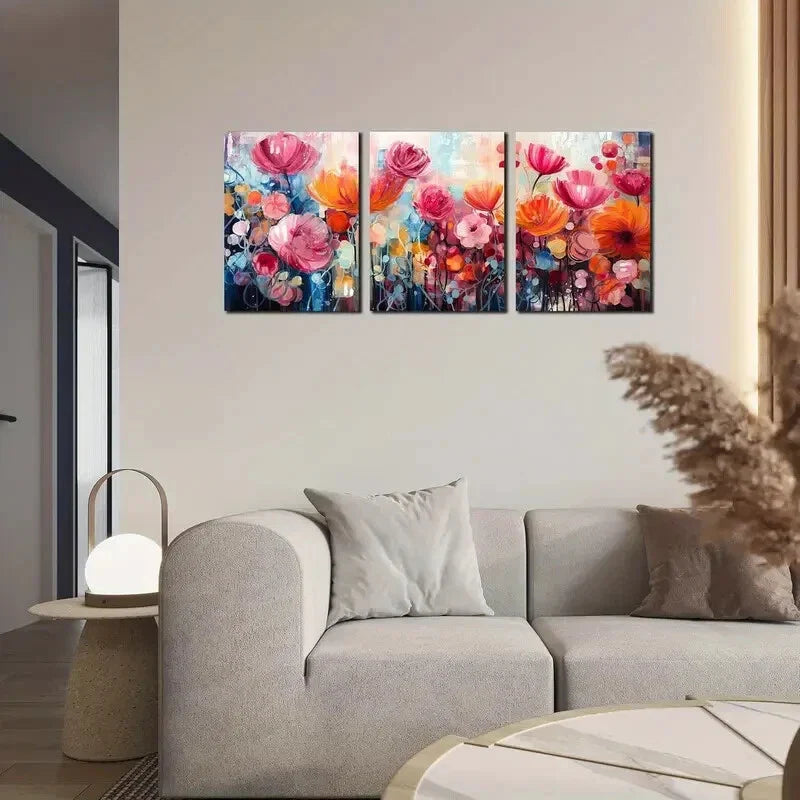 3pcs Vibrant Pink, Red & Blue Flowers Metal Print Ready to Hang Art