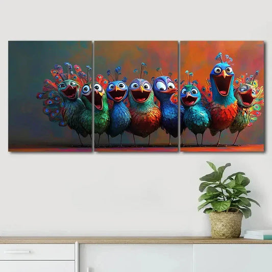 3pcs Colorful Feathered Birds in Playful Perfect Wall Art Set Canvas Framed 40x60cm - High Quality Print 100% Australian Made Wall Canvas Ready to Hang