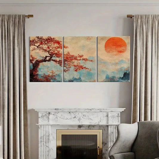 3pcs Serene Landscape with Orange Sun & Mountain Metal Print Ready to Hang Art
