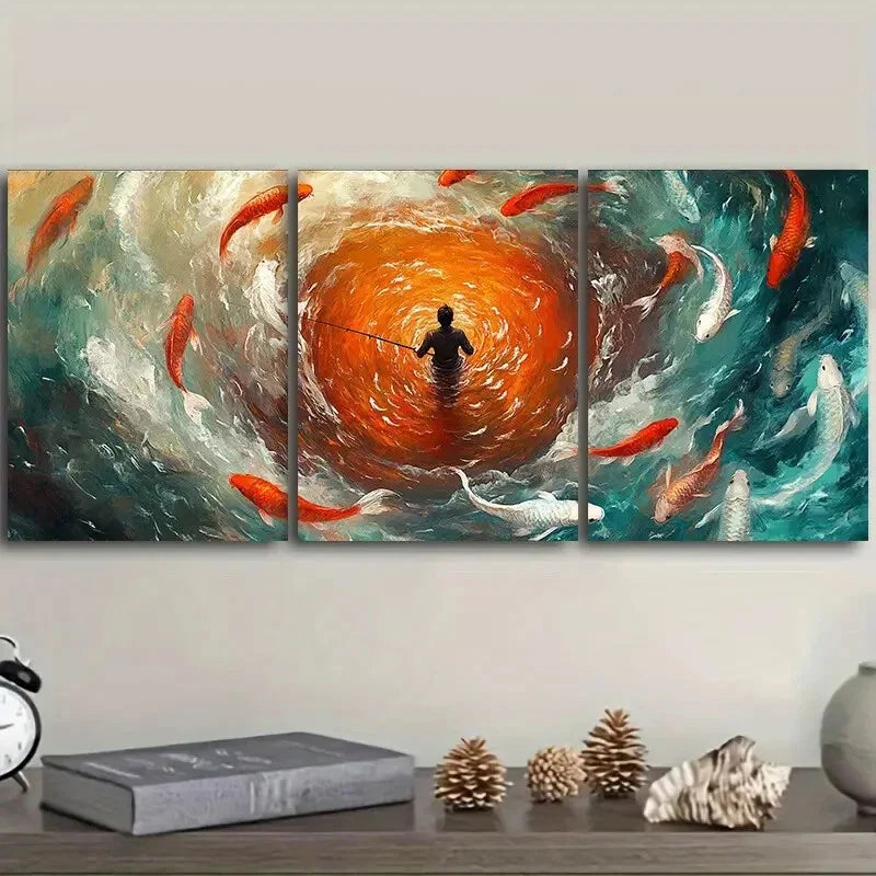 3pcs Fisherman, koi Art Painting Metal Print Ready to Hang Art