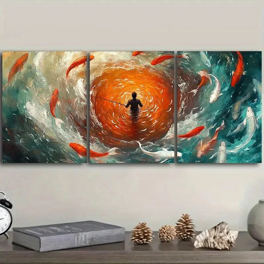 3pcs Fisherman, koi Art Painting Metal Print Ready to Hang Art