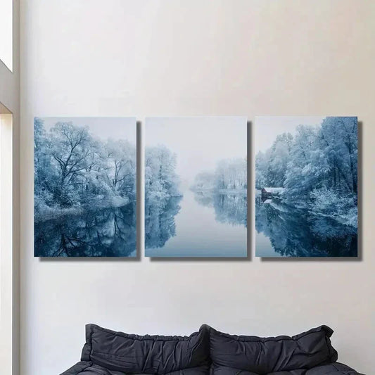 3pcs Winter, Natural River Surrounded by Mist, Metal Print Ready to Hang Art