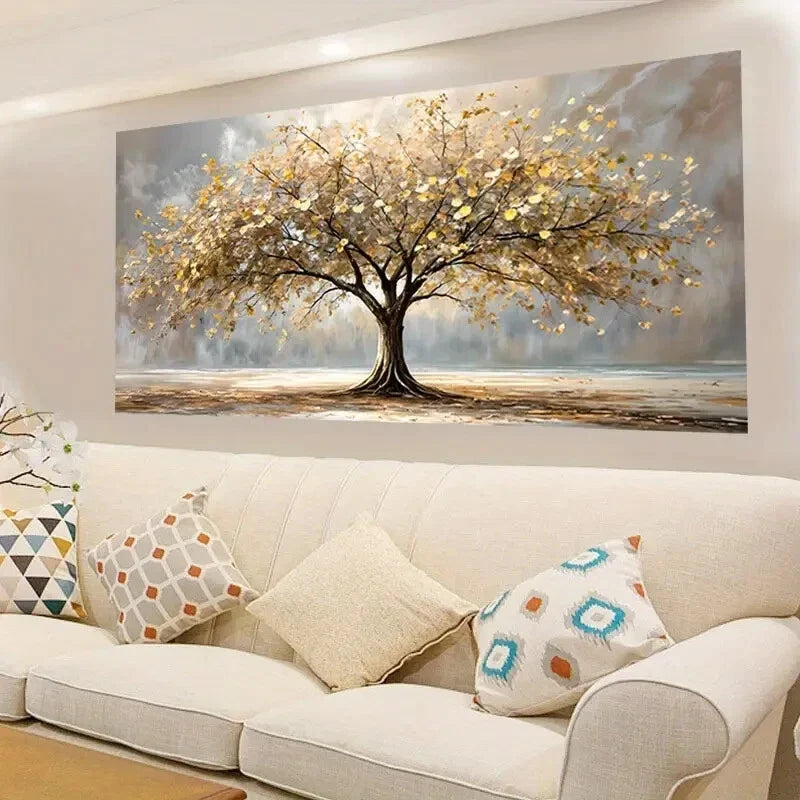 Golden & Beige Leaves wall canvas office home room framed 120x60cm