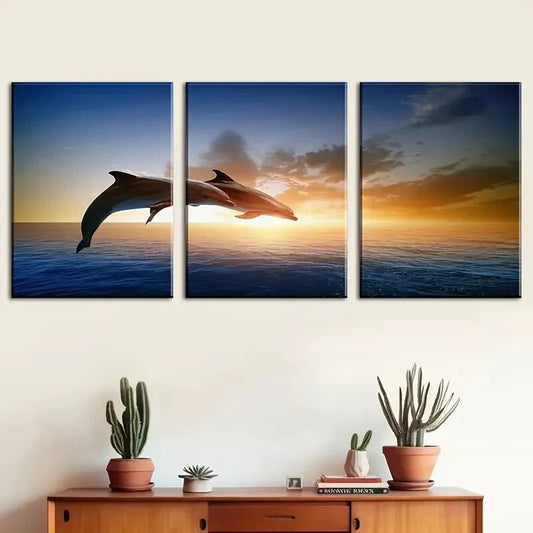 3pcs Featuring Ocean Scenery, Jumping Dolphins   Wall Art Set Canvas Framed 40x60cm - High Quality Print 100% Australian Made Wall Canvas Ready to Hang