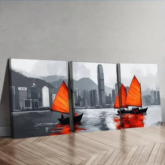 3pcs Featuring The Hong Kong Harbor Wall Art Set Canvas Framed 40x60cm - High Quality Print 100% Australian Made Wall Canvas Ready to Hang