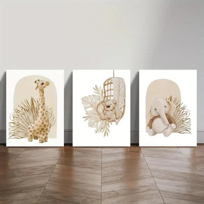 3pcs Cartoon Giraffe Bear Elephant Metal Print Ready to Hang Art
