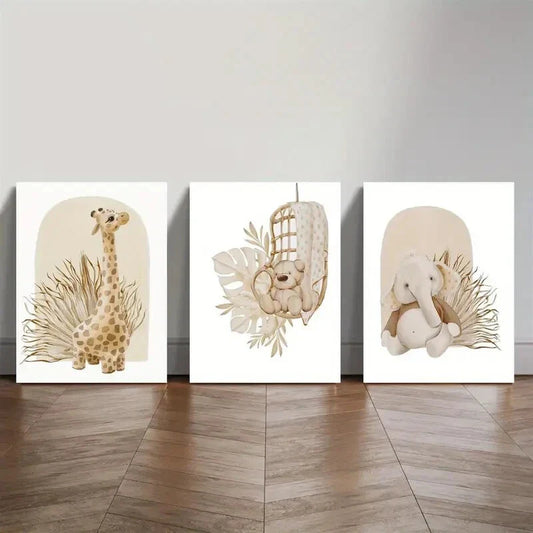 3pcs Cartoon Giraffe Bear Elephant Metal Print Ready to Hang Art