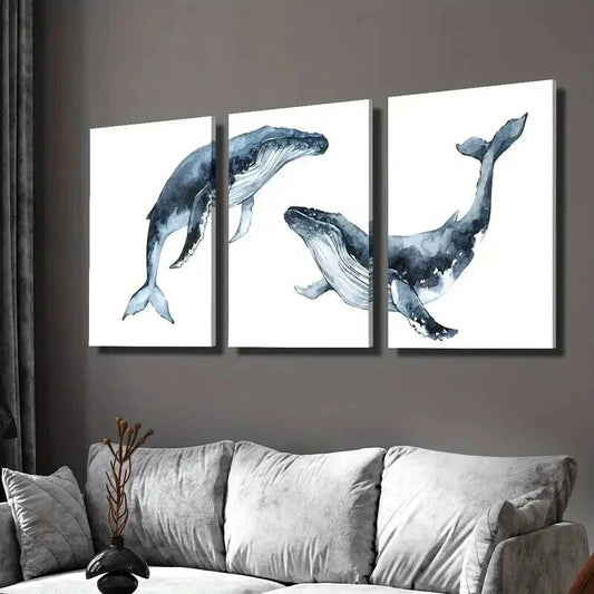 3pcs Blue Nautical Marine Life Whale Decor Wall Art Set Canvas Framed 40x60cm - High Quality Print 100% Australian Made Wall Canvas Ready to Hang