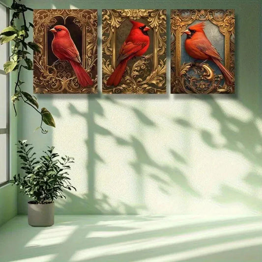 3pcs  Red bird . Art Painting Royal Look Metal Print Ready to Hang Art