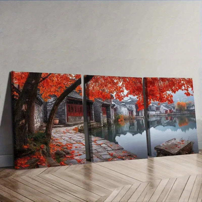 3pcs Jiangnan, ancient town Wall Art Set Canvas Framed 40x60cm - High Quality Print 100% Australian Made Wall Canvas Ready to Hang
