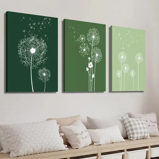 3pcs Dark & Light Green Dandelions Wall Art Set Canvas Framed 40x60cm - High Quality Print 100% Australian Made Wall Canvas Ready to Hang