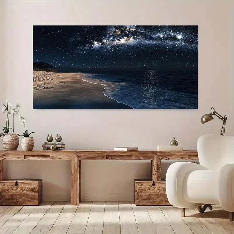Starry Beach Night Sky wall canvas office home room framed 120x60cm