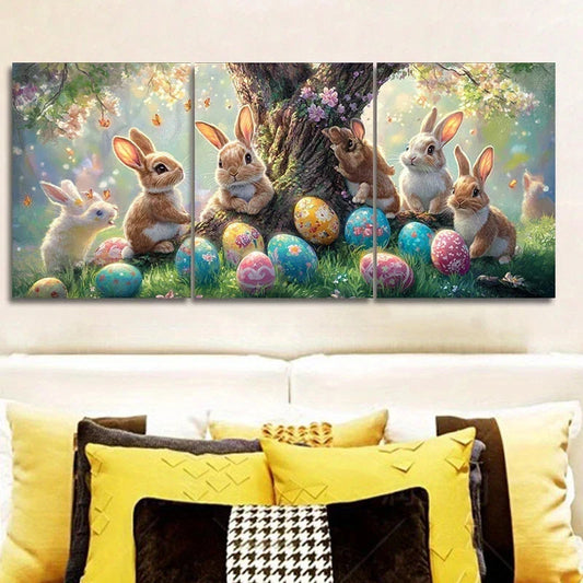 3pcs Big Trees Colourful Eggs Cute Bunnies Metal Print Ready to Hang Art