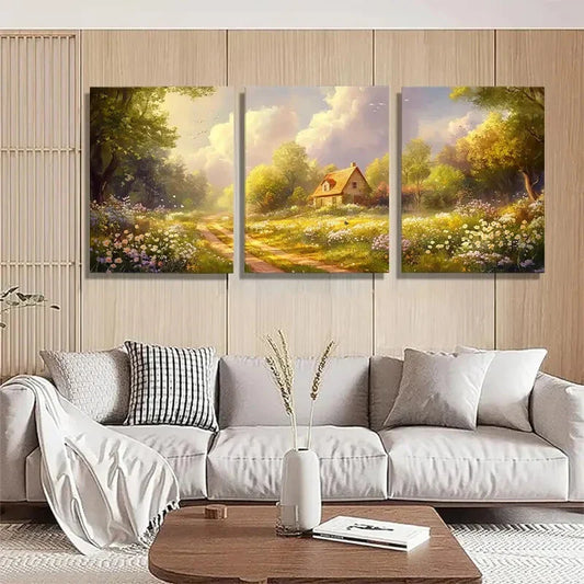3pcs Sunlit Country Path Wildflower Meadow Metal Print Ready to Hang Art