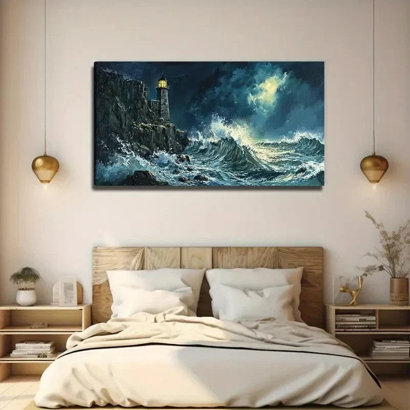 Modern Raging Waves Wall Art Canvas Office Home Room Framed 80x45cm