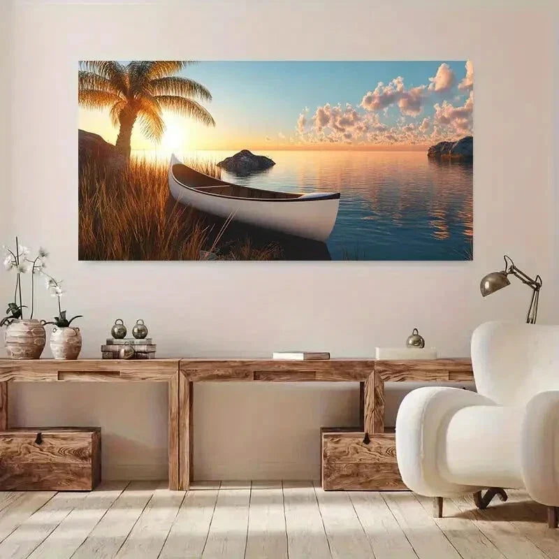 Cloudy Sunset Canoe Lake wall canvas office home room framed 120x60cm