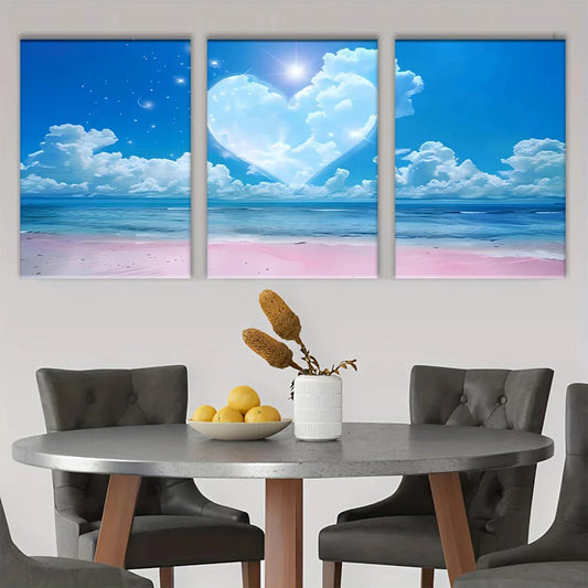 3pcs Heart Shaped Clouds And Beach Scene Metal Print Ready to Hang Art