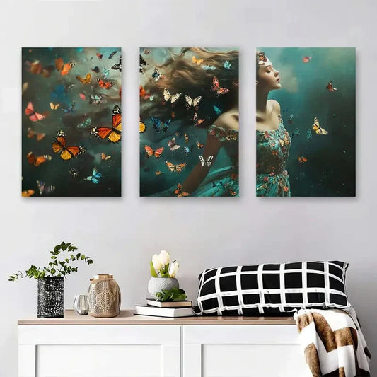 3pcs Woman Surrounded by Butterflies Metal Print Ready to Hang Art