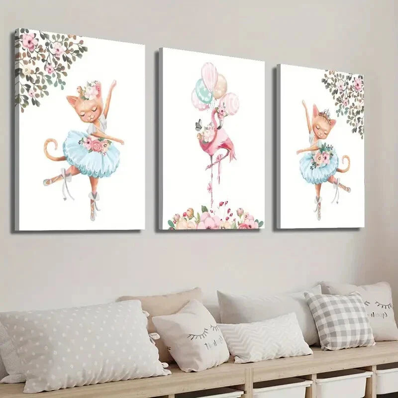 3pcs Kitten Ballet Pink Flamingo & Floral Design Wall Art Set Canvas Framed 40x60cm - High Quality Print 100% Australian Made Wall Canvas Ready to Hang
