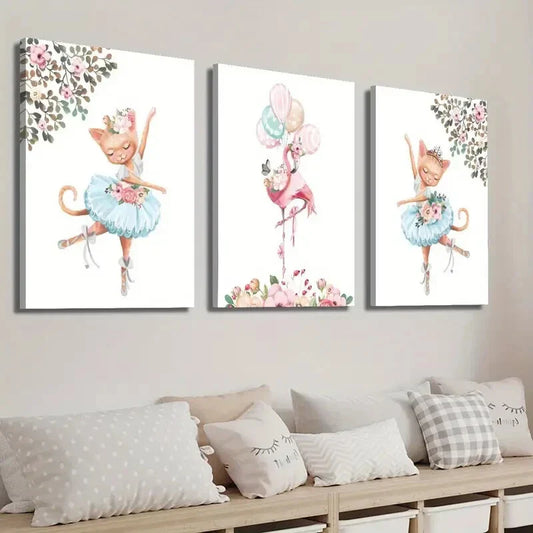 3pcs Kitten Ballet Pink Flamingo & Floral Design Wall Art Set Canvas Framed 40x60cm - High Quality Print 100% Australian Made Wall Canvas Ready to Hang
