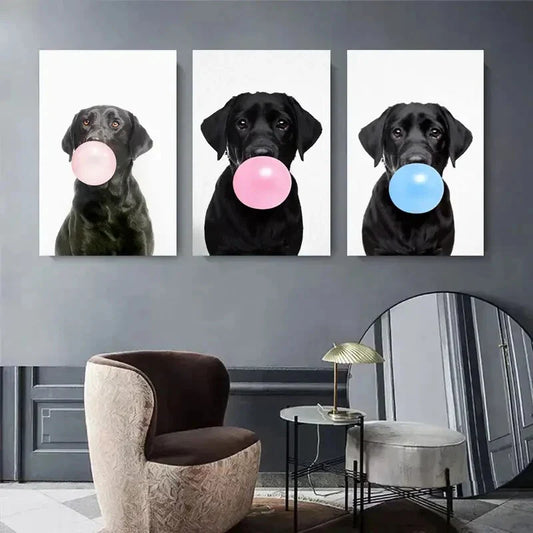 3pcs Black Labrador with Bubblegum Triptych Metal Print Ready to Hang Art