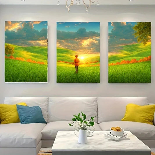 3pcs A Person Standing in a Vibrant Landscape Metal Print Ready to Hang Art