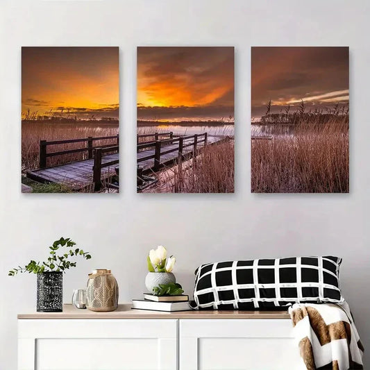 3pcs Tranquil Sunset Bridge Dock & Reed Grass Metal Print Ready to Hang Art