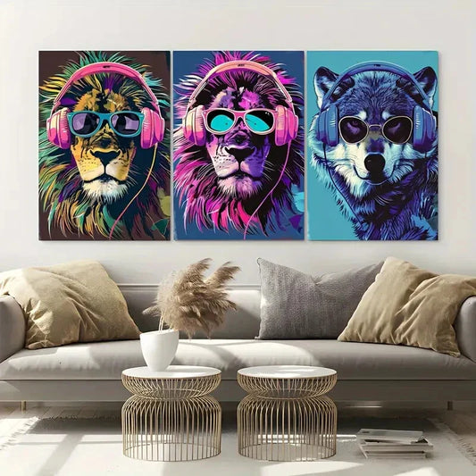 3pcs Fashionable Animals Lion Wolf Metal Print Ready to Hang Art