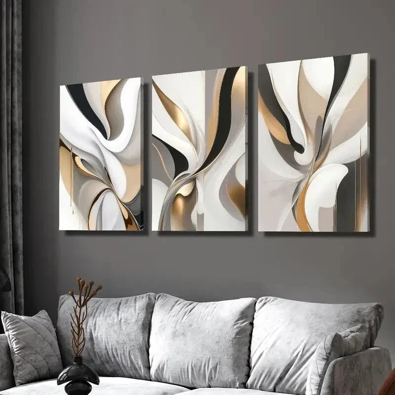 3pcs  Golden & White Swirls, Light Luxury  Wall Art Set Canvas Framed 40x60cm - High Quality Print 100% Australian Made Wall Canvas Ready to Hang