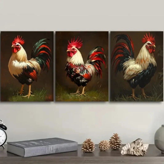 3pcs Vibrant Rooster Metal Print Ready to Hang Art