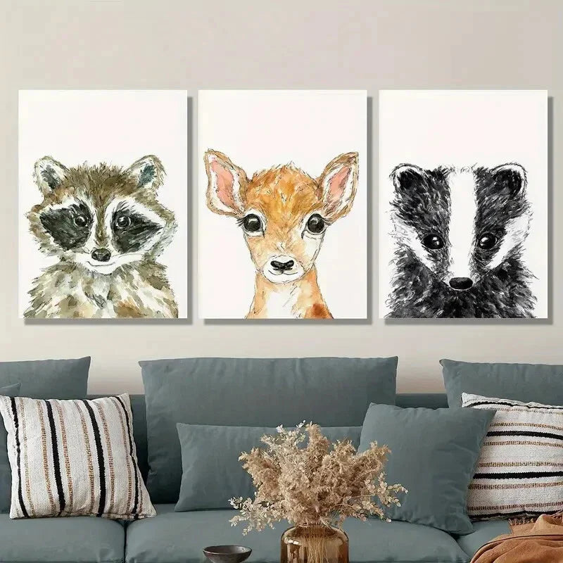3pcs Baby raccoon, cute deer and badger, Metal Print Ready to Hang Art