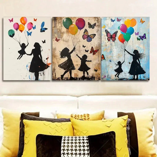 3pcs Little girl and butterfly balloon Wall Art Set Canvas Framed 40x60cm - High Quality Print 100% Australian Made Wall Canvas Ready to Hang