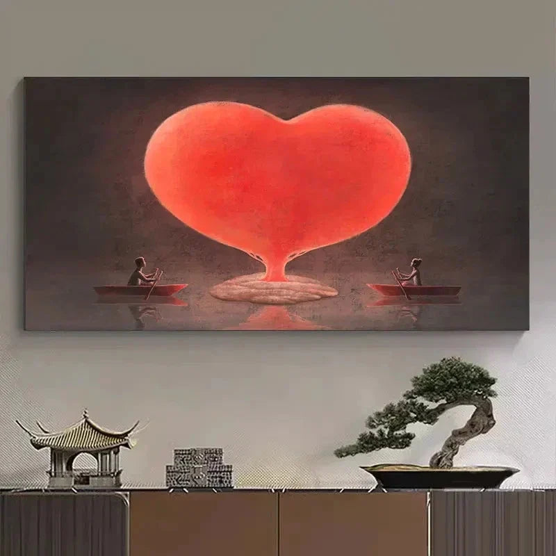 Vibrant Red Heart With Boats Wall Art Canvas Office Home Room Framed 80x45cm