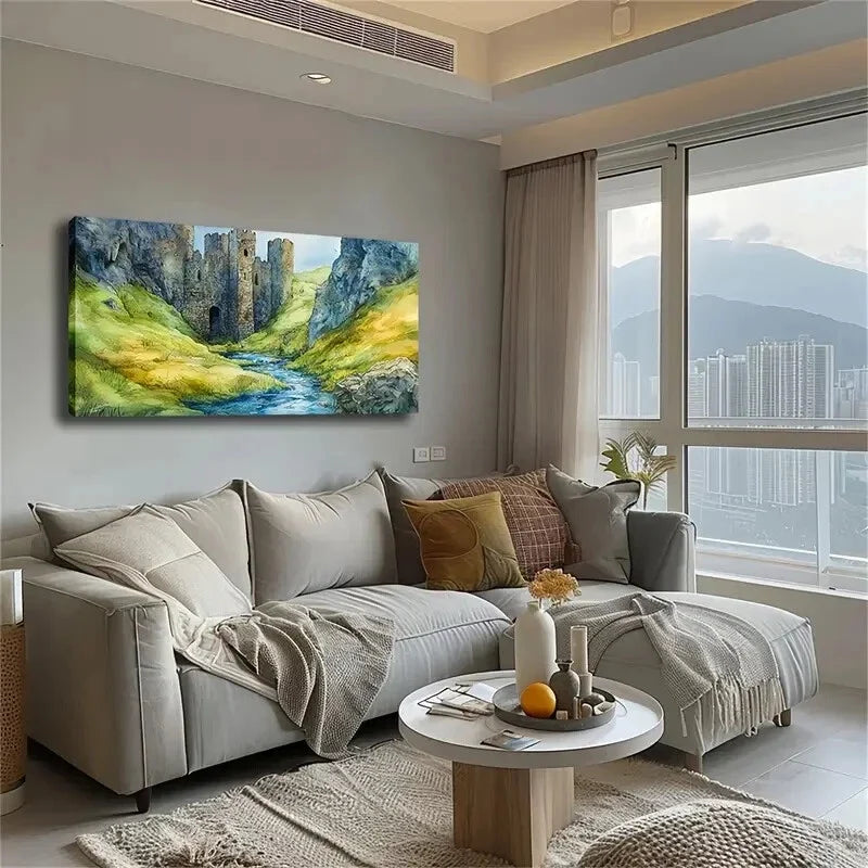 Ancient Castle at the Prairie's Wall Art Canvas Office Home Room Framed 120x60cm
