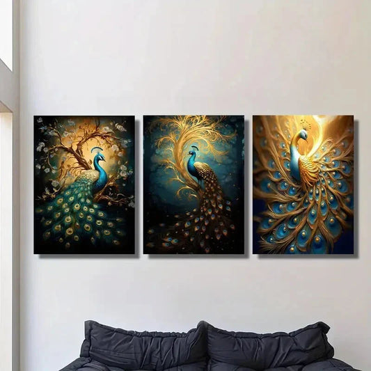 3pcs , Golden Peacock with Vibrant Blue & Golden Metal Print Ready to Hang Art
