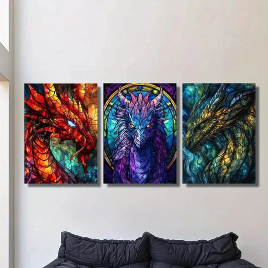 3pcs Stained Glass Dragon Design, Fantasy Metal Print Ready to Hang Art