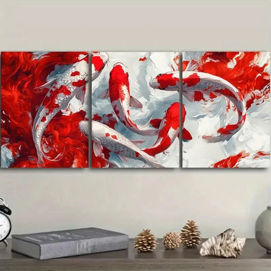 3pcs A group of red and white koi Metal Print Ready to Hang Art