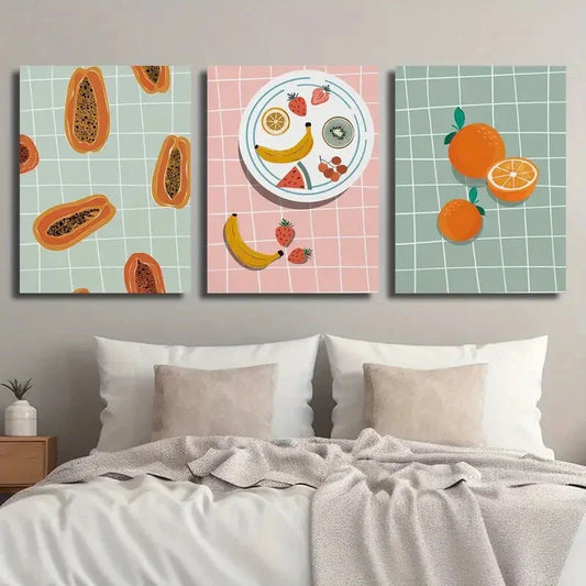 3pcs Papaya and Orange Fruit Plate Vintage Metal Print Ready to Hang Art