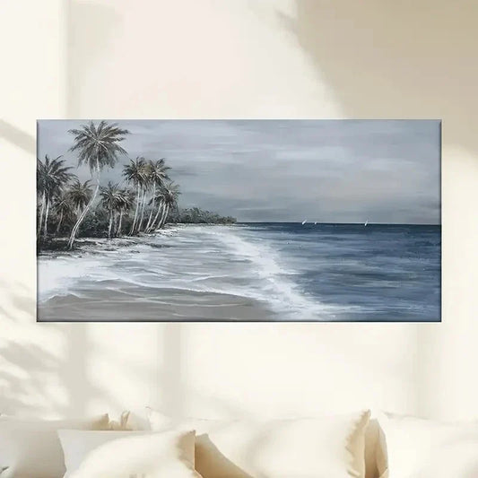 Beach Scene With Palm Trees Wall Art Canvas Office Home Room Framed 80x45cm