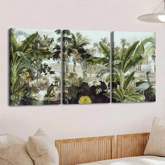 3pcs Tropical Forest & Wildlife Vibrant Flowers Wall Art Set Canvas Framed 40x60cm - High Quality Print 100% Australian Made Wall Canvas Ready to Hang