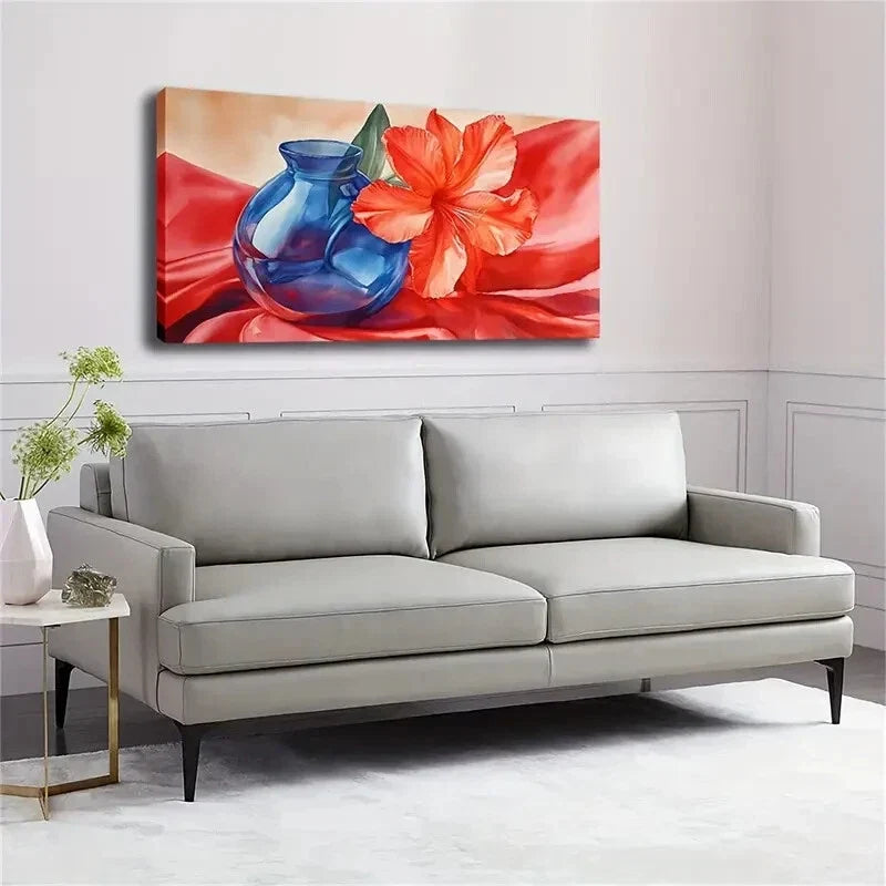 Vibrant Red Hibiscus Silk Wall Art Canvas Office Home Room Framed 120x60cm.